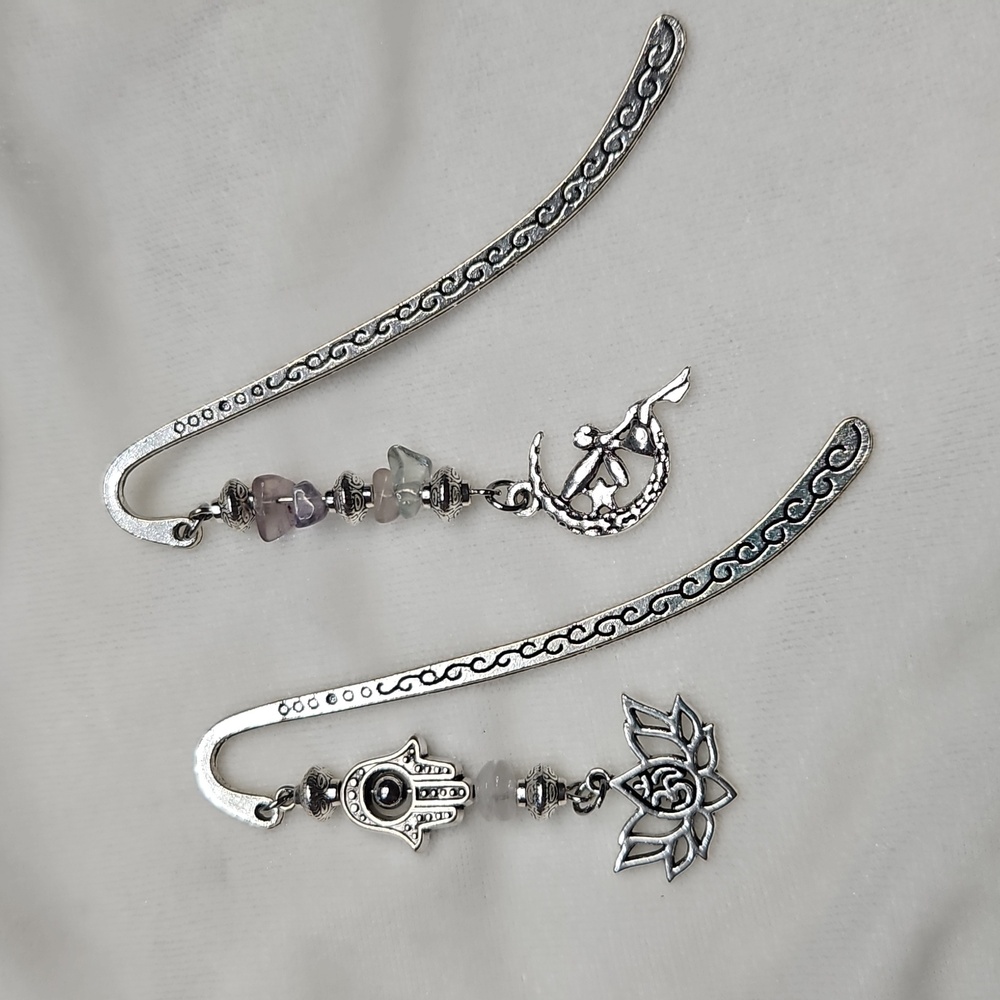 Set of 2 Metal Bookmarks Fairy Hamsa Moon Lotus Goth Celestial Silver NWOT